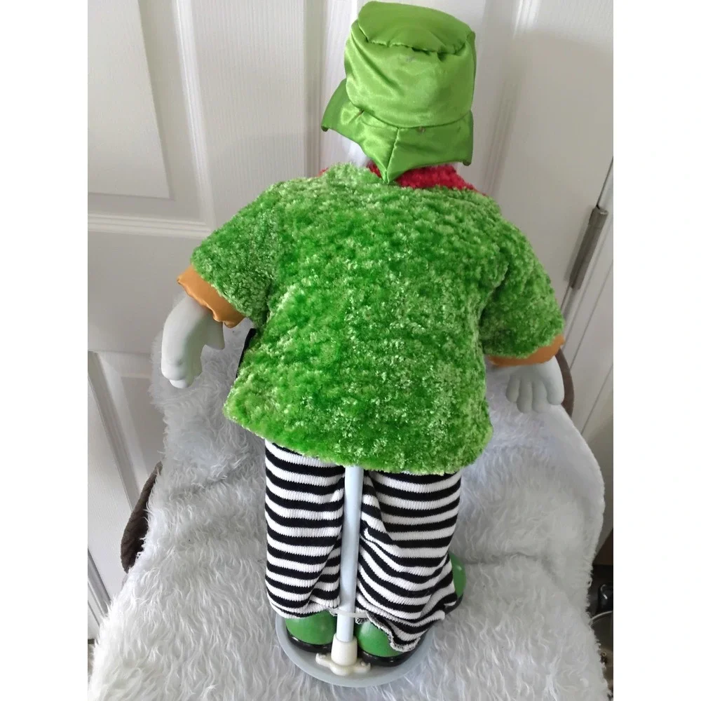 Vintage‎ 24 Inch Porcelain Clown Doll Green Fuzzy Jacket Striped Pants Stand